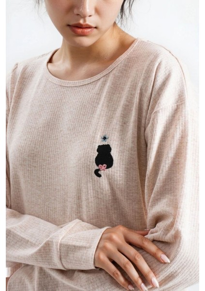 Kadın Taş Melanj Raporlu Kaşkorse Doku Seoul Uzun Kol Üst Pantolon Pijama Takım indirimleri