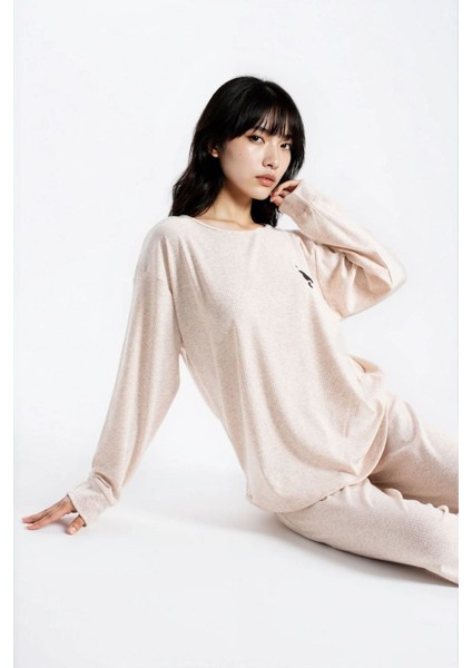 Kadın Taş Melanj Raporlu Kaşkorse Doku Seoul Uzun Kol Üst Pantolon Pijama Takım