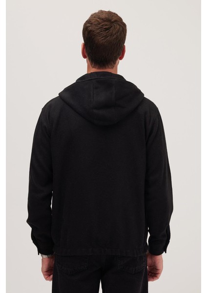 Erkek Relax Fit Rahat Kesim Fermuarlı Çift Cep Kapüşonlu Siyah ceket Gömlek