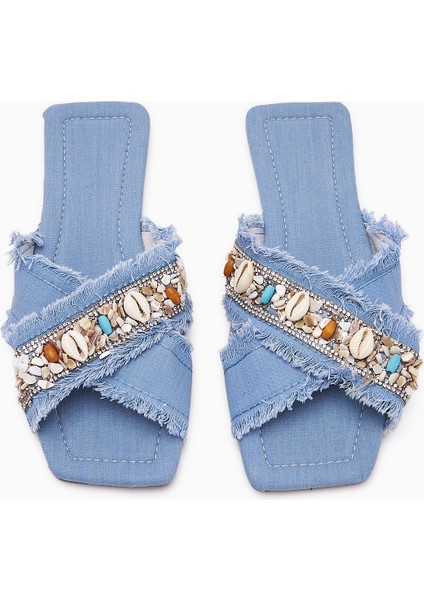 Felisa Mavi Taş ve Deniz Kabuğu Süslemeli Bohem Kadın Terlik fiyatları