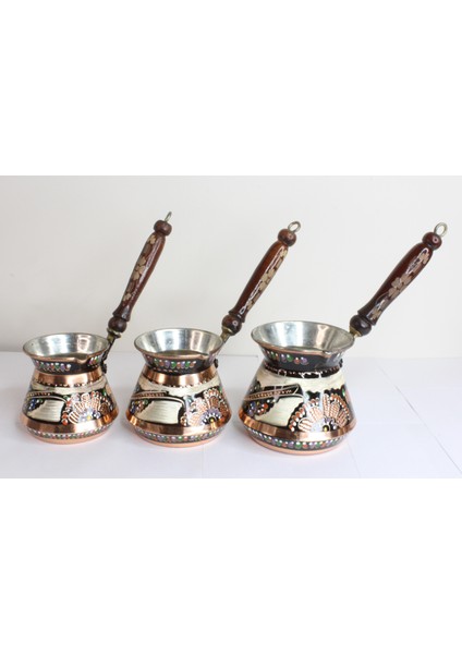 Erzincan Işlemeli Tombik Bakır Cezve Seti