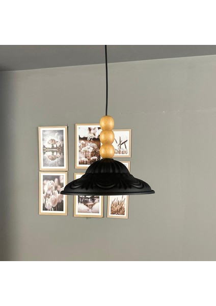 Ralivo Siyah Metal Avize Tekli Ahşap Üç Boncuk Başlık Mutfak Modern Dekoratif Sarkıt Aydınlatma