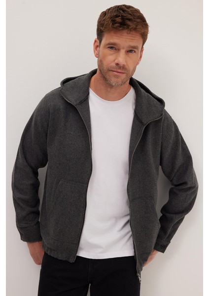 Erkek Relax Fit Rahat Kesim Fermuarlı Çift Cep Kapüşonlu Koyu Gri Ceket Gömlek