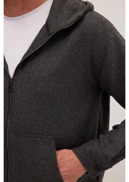 Erkek Relax Fit Rahat Kesim Fermuarlı Çift Cep Kapüşonlu Koyu Gri Ceket Gömlek modelleri