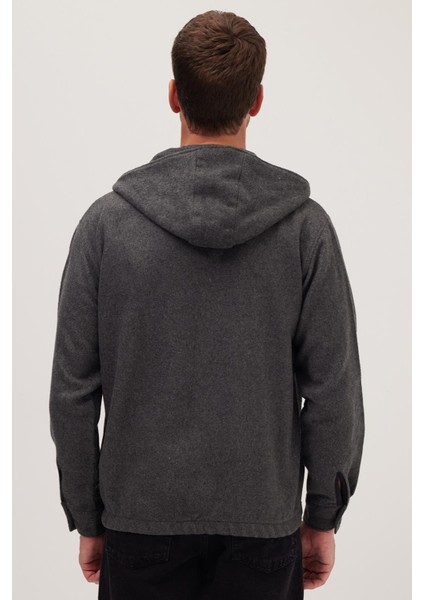 Erkek Relax Fit Rahat Kesim Fermuarlı Çift Cep Kapüşonlu Koyu Gri Ceket Gömlek