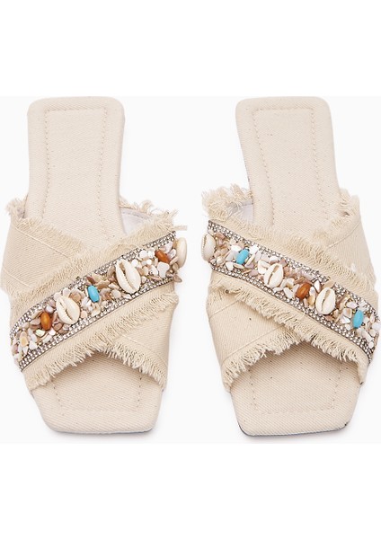 Felisa Bej Taş ve Deniz Kabuğu Süslemeli Bohem Kadın Terlik modelleri