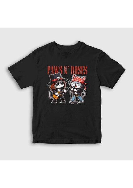 Unisex Çocuk Siyah Paws N' Roses Guns N' Roses Kedi Kedili T-Shirt