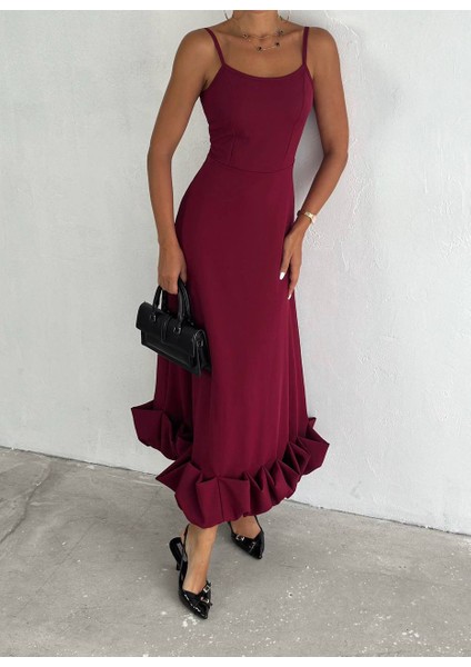 Ayarlanabilir Askılı Double Kumaş Fırfırlı Midi Boy Özel Gün Elbise fırsatları