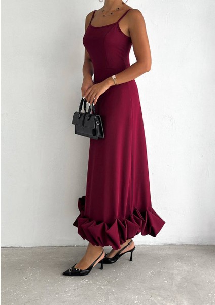 Ayarlanabilir Askılı Double Kumaş Fırfırlı Midi Boy Özel Gün Elbise