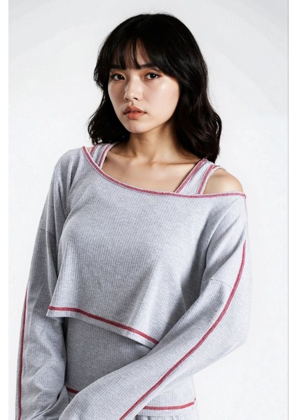 Kadın Gri Melanj Raporlu Kaşkorse Doku Seoul 3 Lü Pijama Takım