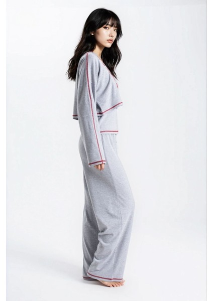 Kadın Gri Melanj Raporlu Kaşkorse Doku Seoul 3 Lü Pijama Takım modelleri