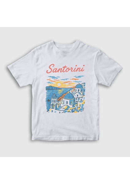 Unisex Çocuk Beyaz Santorini Greece Yunanistan T-Shirt