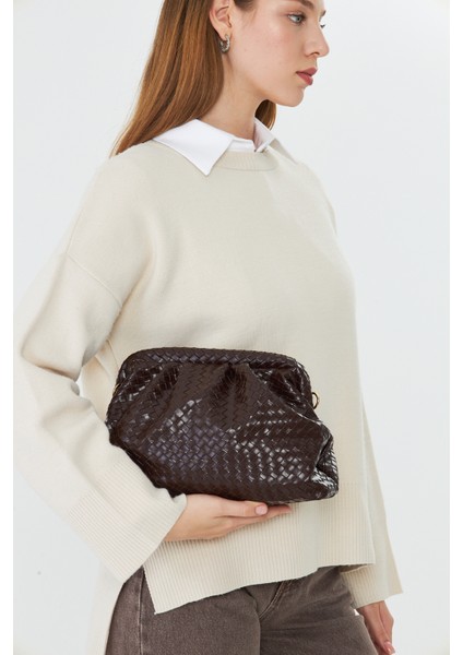 Liora Kahverengi Örgü Detaylı Portföy Kadın Omuz, Kol ve El Çantası