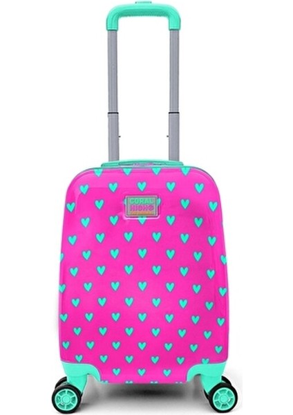 Çocuk Valizi Neon Pembe Su Yeşili Kalp Desenli Hafif ve Dayanıklı 33 Litre