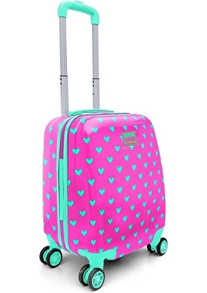 Çocuk Valizi Neon Pembe Su Yeşili Kalp Desenli Hafif ve Dayanıklı 33 Litre
