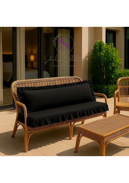 El Yapımı Buldan Yıkanmıs Keten 4 Tarafı Fırfırlı Siyah Keten Bank Minderi 110X50X5CM