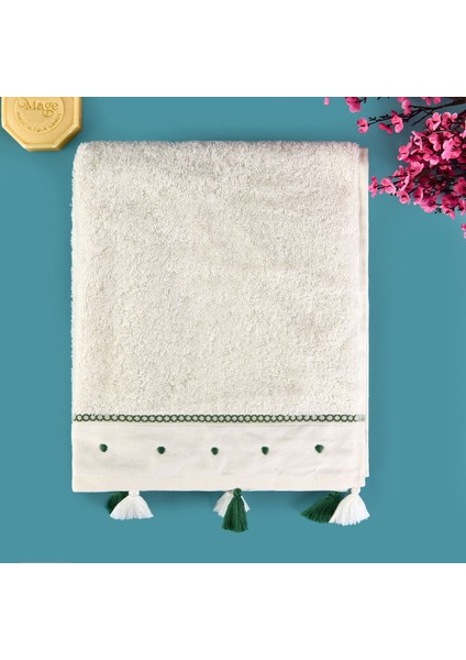 Soft Piene Yüz Havlusu - Ekru / Yeşil - 50X90 cm