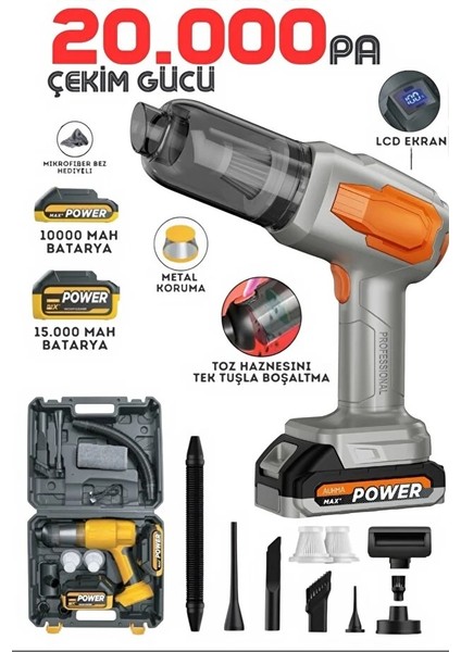 Yeni 20.000PA Çantalı Yedek Filtreli Çift Bataryalı 120W Şarjlı 2ın1 Araç Içi Süpürge