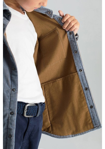 Saf Pamuk Çizgi Desenli Açık Mavi Çocuk Ceket Gömlek indirimleri