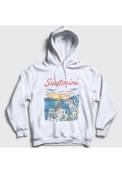 Unisex Beyaz Santorini Greece Yunanistan Kapüşonlu Sweatshirt