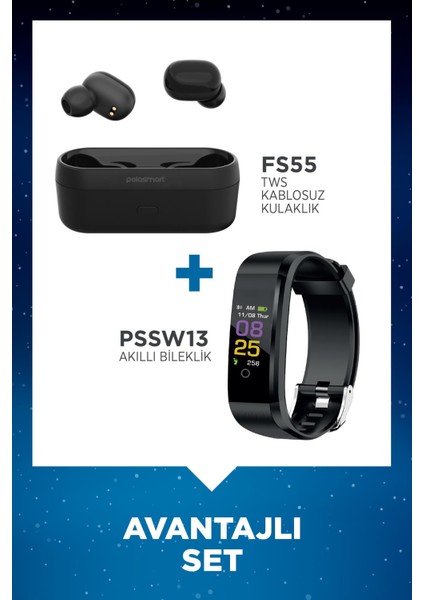 FS55 Kablosuz Kulaklık + Polosmart PSSW13 Akıllı Bileklik Set Siyah