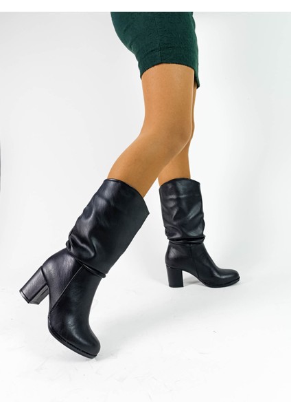Cilt Deri Siyah Renk Kalın Topuklu Körüklü Kadın Diz Altı Çizme modelleri