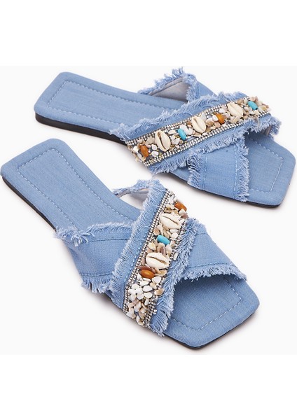 Felisa Mavi Taş ve Deniz Kabuğu Süslemeli Bohem Kadın Terlik