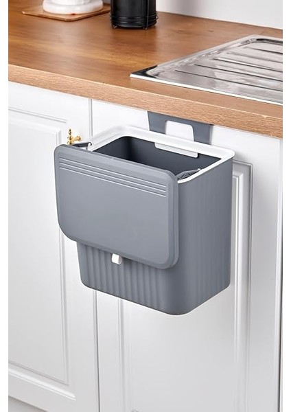 15 Litre Fonksiyonel Kapaklı Banyo ve Mutfak Tezgahüstü Çöp Kovası Dolap ve Duvar Aparatlı 15 Lt.,yerden Tasarruflu Lavabo Altı Veya Dolap Kapısı Için Kapasiteli Mutfak Çöp Kovası,askılı (Gri)