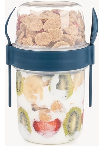 ml Take-Go Kaşıklı Hazneli Meyveli Müsli Kabı Piknik Iş Yoğurt Süt Bardağı Kapaklı ve Kaşıklı Kahvaltı Bardakları, Tahıl Tepesi Yulaf Ezmesi Granola (Gece Mavisi)