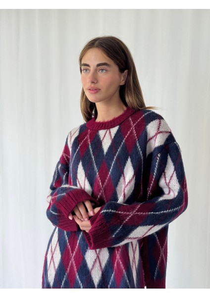 Şardonlu Tüylü Baklava Dilim Triko Kazak Kadın Bordo Krem