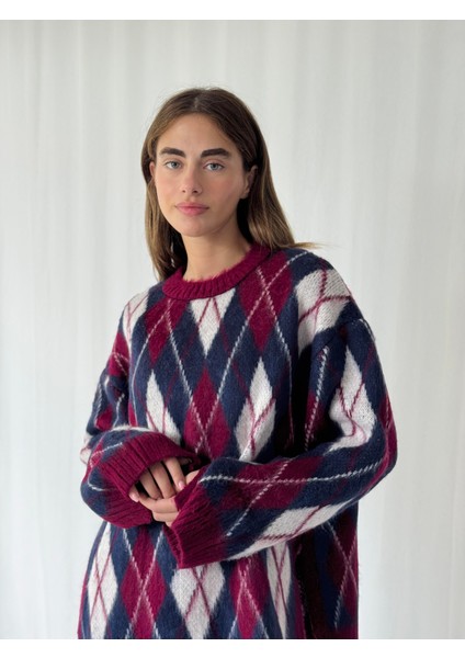 Şardonlu Tüylü Baklava Dilim Triko Kazak Kadın Bordo Krem modelleri