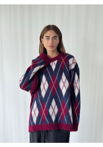 Şardonlu Tüylü Baklava Dilim Triko Kazak Kadın Bordo Krem fırsatları