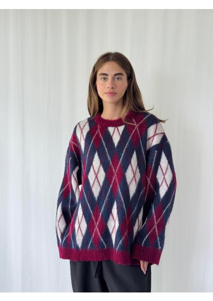 Şardonlu Tüylü Baklava Dilim Triko Kazak Kadın Bordo Krem