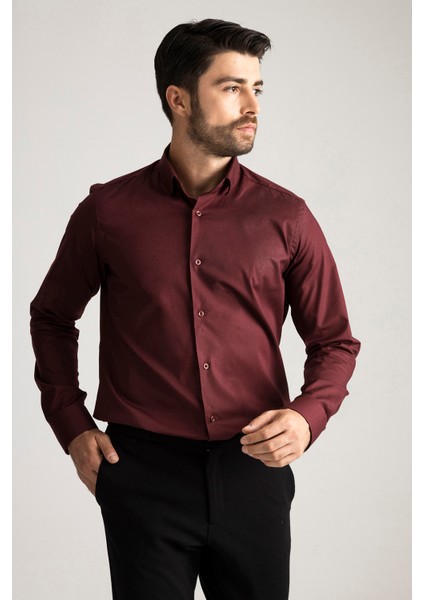 Erkek Bordo %100 Pamuk Saten Non-Iron Ütü Istemeyen Casual Cepsiz Modern Fit Gömlek modelleri