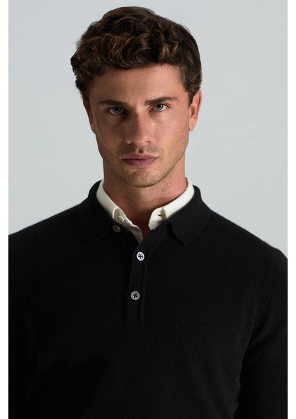 Polo Yaka Saf Kaşmir Siyah Kazak modelleri