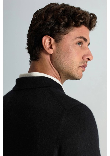 Polo Yaka Saf Kaşmir Siyah Kazak indirimleri