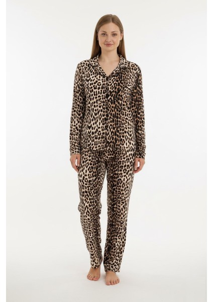 Kadın Büyük Beden Viskon Önden Düğmeli Gömlek Yaka Göğüs Cepli Uzun Kol Mevsimlik Pijama Takımı