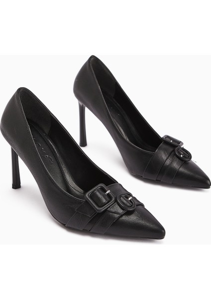 Halez Siyah Tokalı Stiletto Sivri Burunlu Kadın Topuklu Ayakkabı