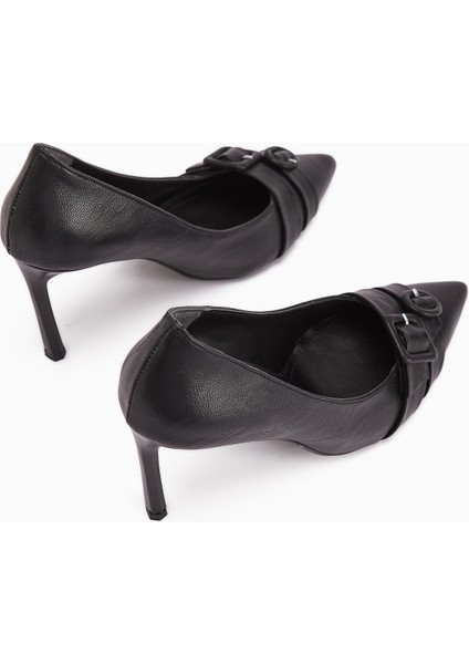 Halez Siyah Tokalı Stiletto Sivri Burunlu Kadın Topuklu Ayakkabı indirimleri