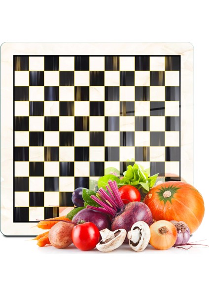 Cam Kesme Tahtası ve Sunumluk Kare Mackenzie Black White Damalı 30X30 cm