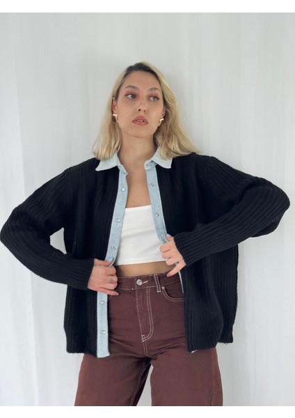 Jean Şertli Rahat Kalıp Fitilli Hırka Kadın Siyah