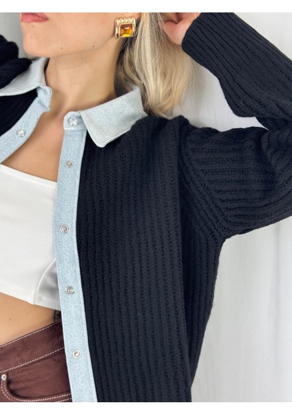 Jean Şertli Rahat Kalıp Fitilli Hırka Kadın Siyah fiyatları