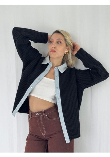 Jean Şertli Rahat Kalıp Fitilli Hırka Kadın Siyah modelleri