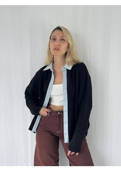 Jean Şertli Rahat Kalıp Fitilli Hırka Kadın Siyah indirimleri