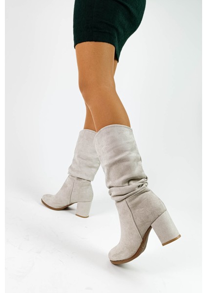 Süet Bej Renk Kalın Topuklu Körüklü Kadın Diz Altı Çizme fiyatları