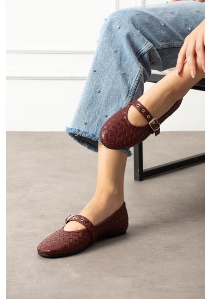 Masvi Kadın Babet Önden Bantlı Tokalı Örgü Dokumalı Bordo Deri