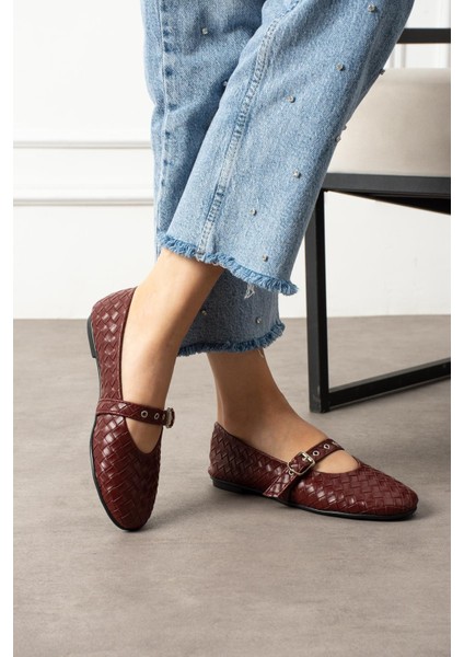 Masvi Kadın Babet Önden Bantlı Tokalı Örgü Dokumalı Bordo Deri fiyatları