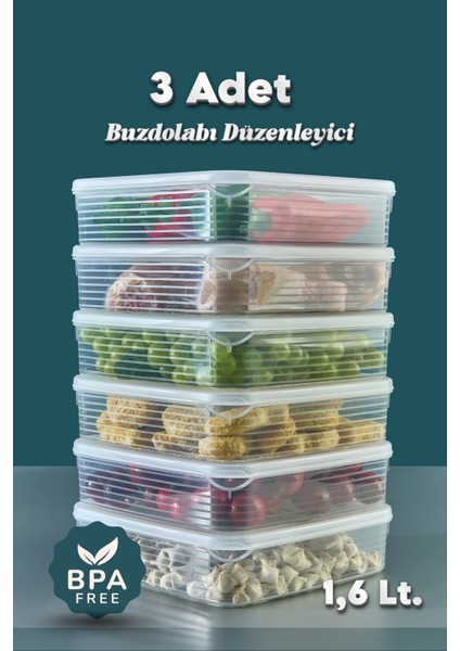 3 Adet 1,6 Litre Buzdolabı Içi Düzenleyici Saklama Kabı -Buzluk Saklama Kabı