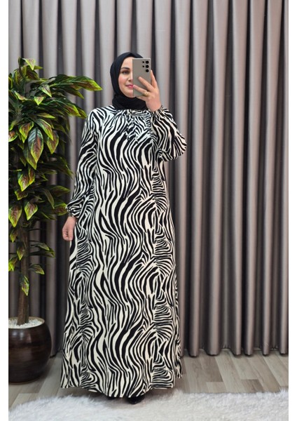Kadın Tesettür Giyim Büyük Beden Zebra Desen Elbise