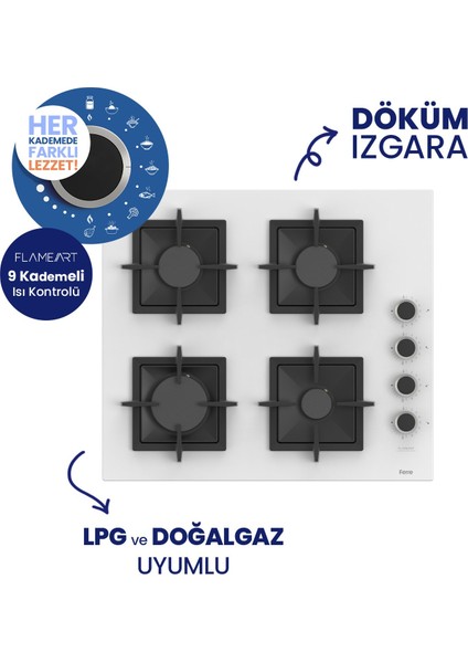 Flowart Turbolu Beyaz Cam Silenart Ankastre Set ( Kaymaz Döküm Izgara ) QBL62CB - SC206 - D064SA modelleri